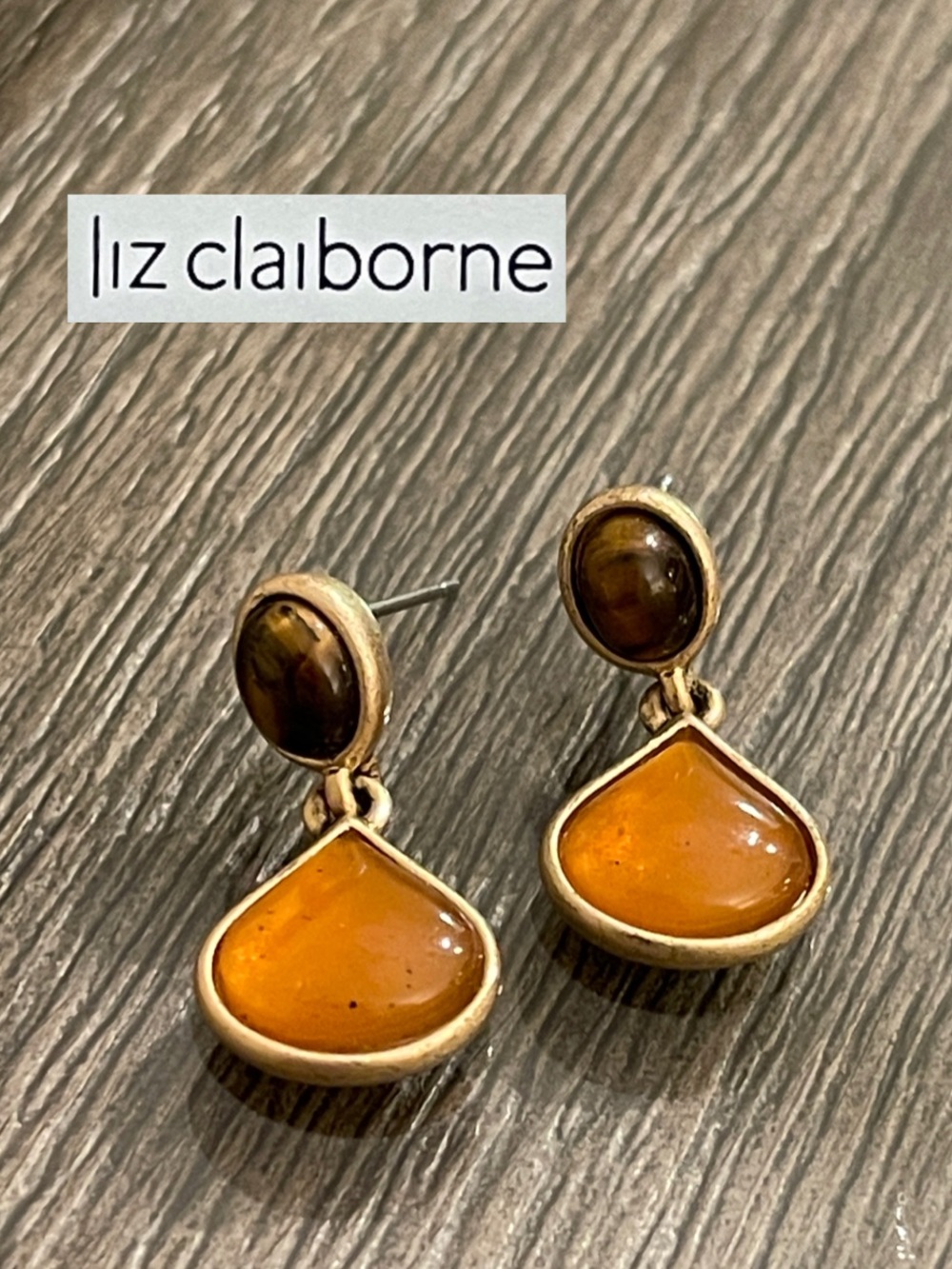 Vintage LC Liz Claiborne Tigers Eye & Faux Amber Tear Drop Dangle Post Earrings